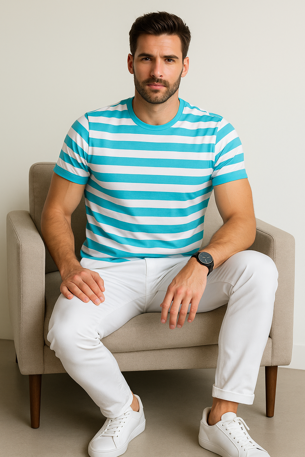 Playeras Para Hombre De Manga Corta Con Estampado De Rayas A41112 Aqua