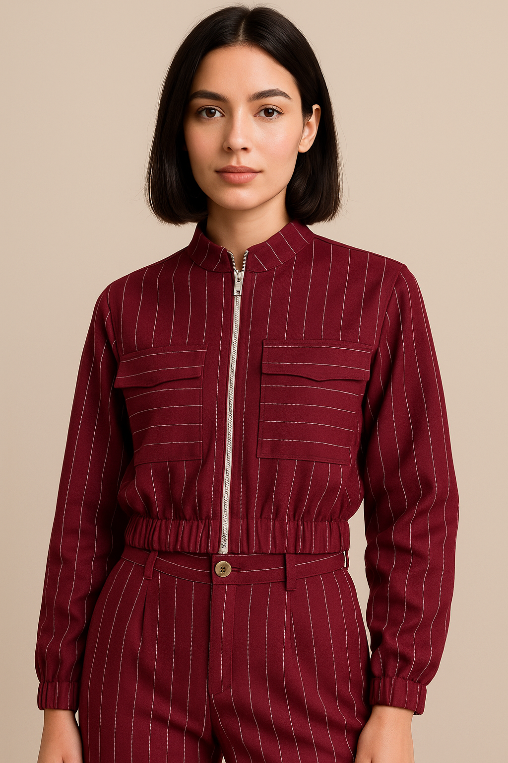 Chamarras Para Mujer Corta De Rayas Con Bolsillos Q53102 Vino