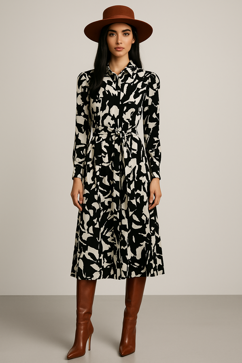 Vestidos Para Mujer Camisero Con Cinto S53102 Negro/Blanco