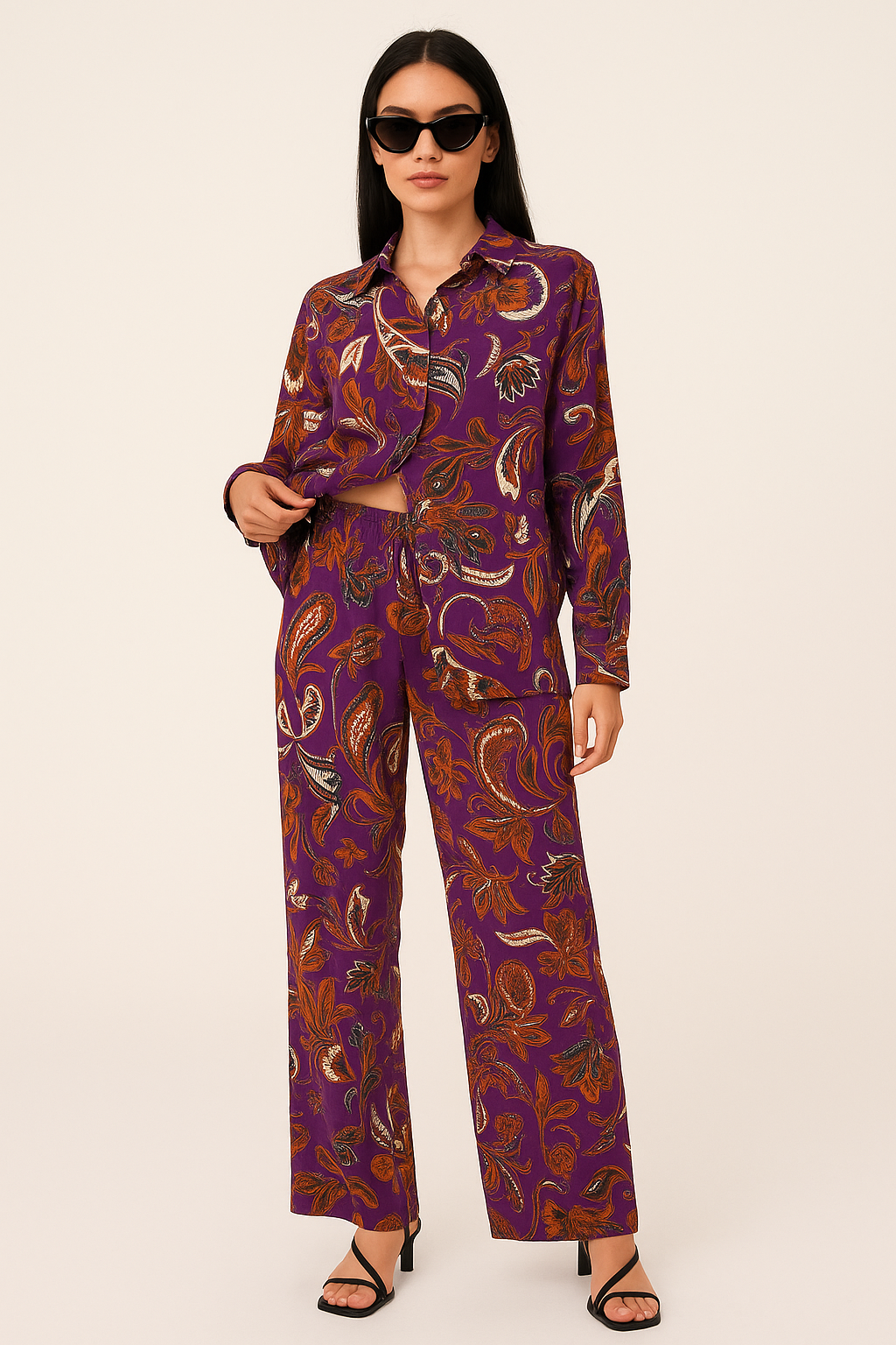 Pantalones Para Mujer Estampado Amplio Con Resorte W53101 Morado