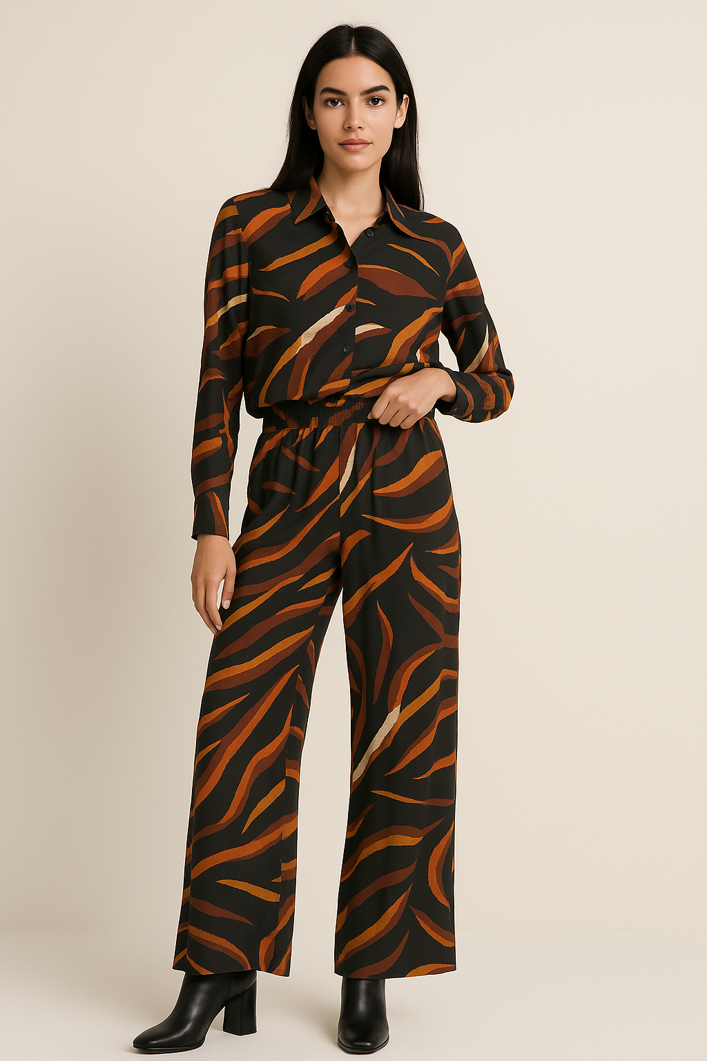 Pantalones Para Mujer Estampado Amplio Con Resorte W53101 Negro