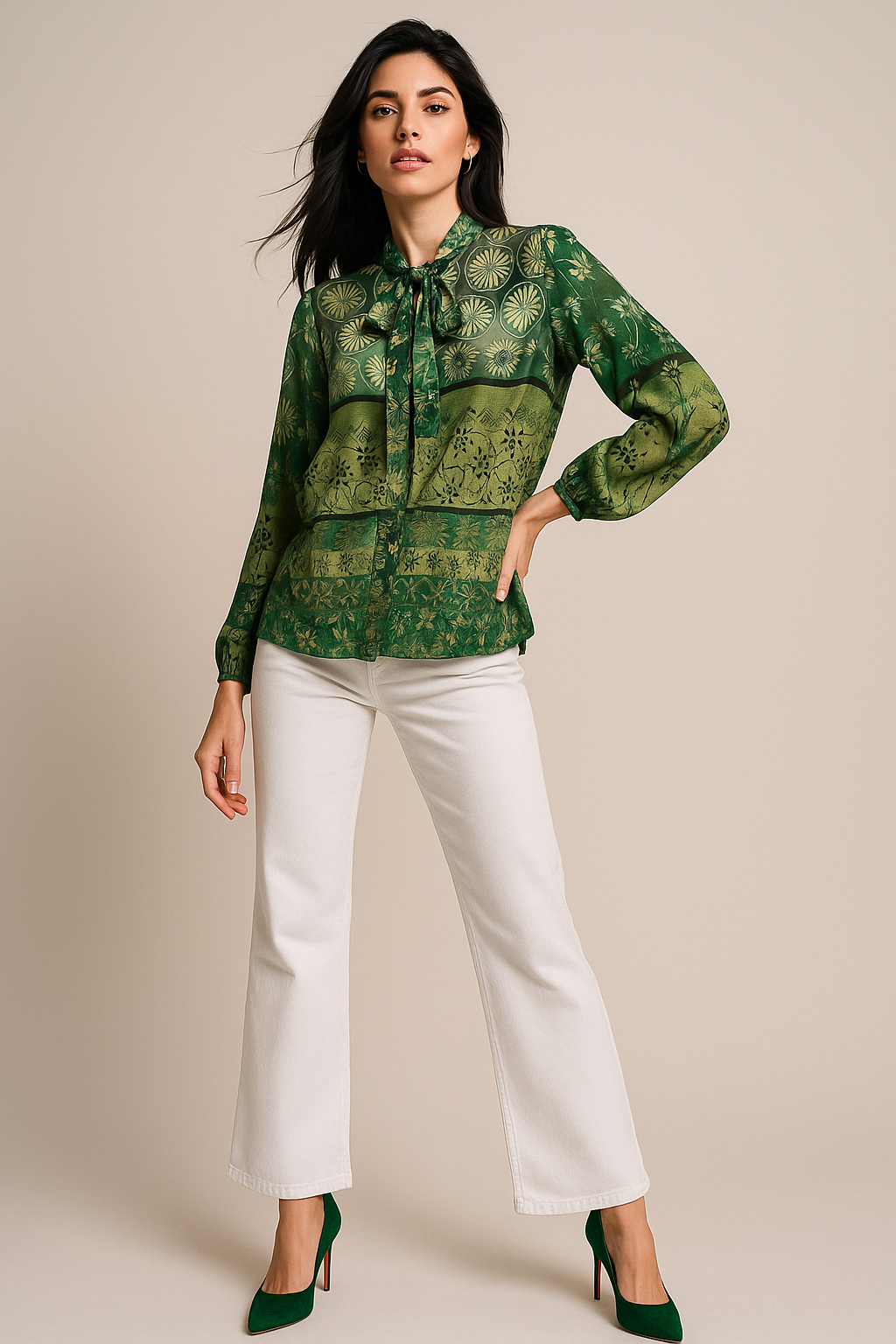 Blusas Para Mujer Estampada De Manga Larga Con Lazo N53111 Verde