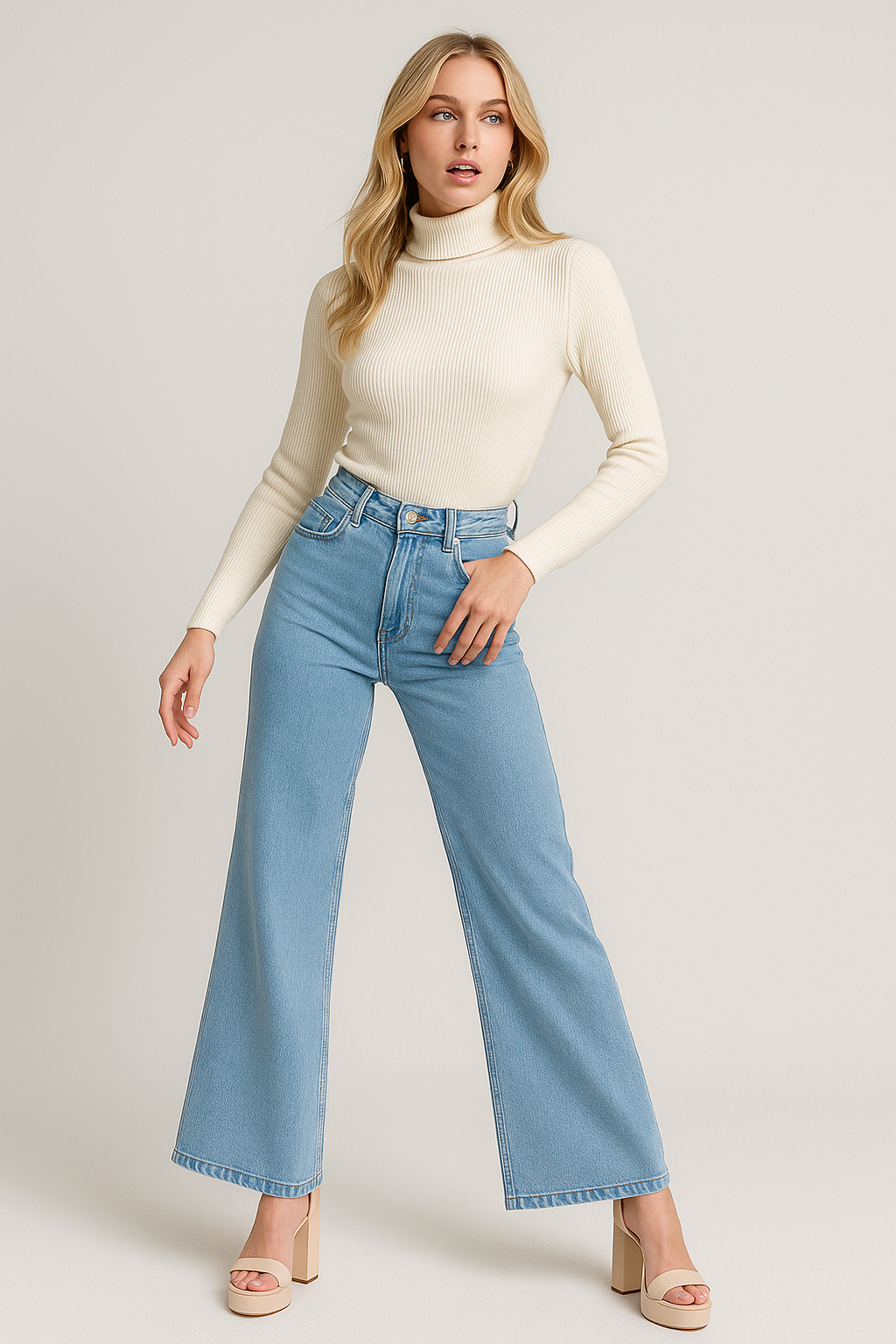 Jeans Para Mujer Mezclilla Básico Wide Leg V53102 Stone/Bleach