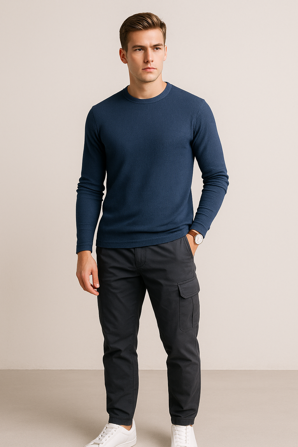 Playeras Para Hombre Textura Waffle A55316 Marino