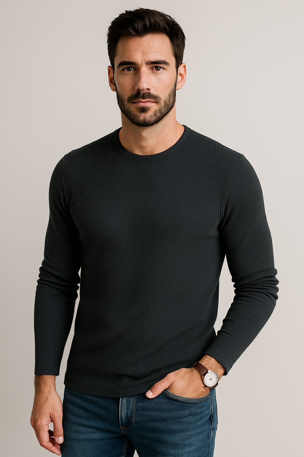 Playeras Para Hombre Textura Waffle A55316 Negro