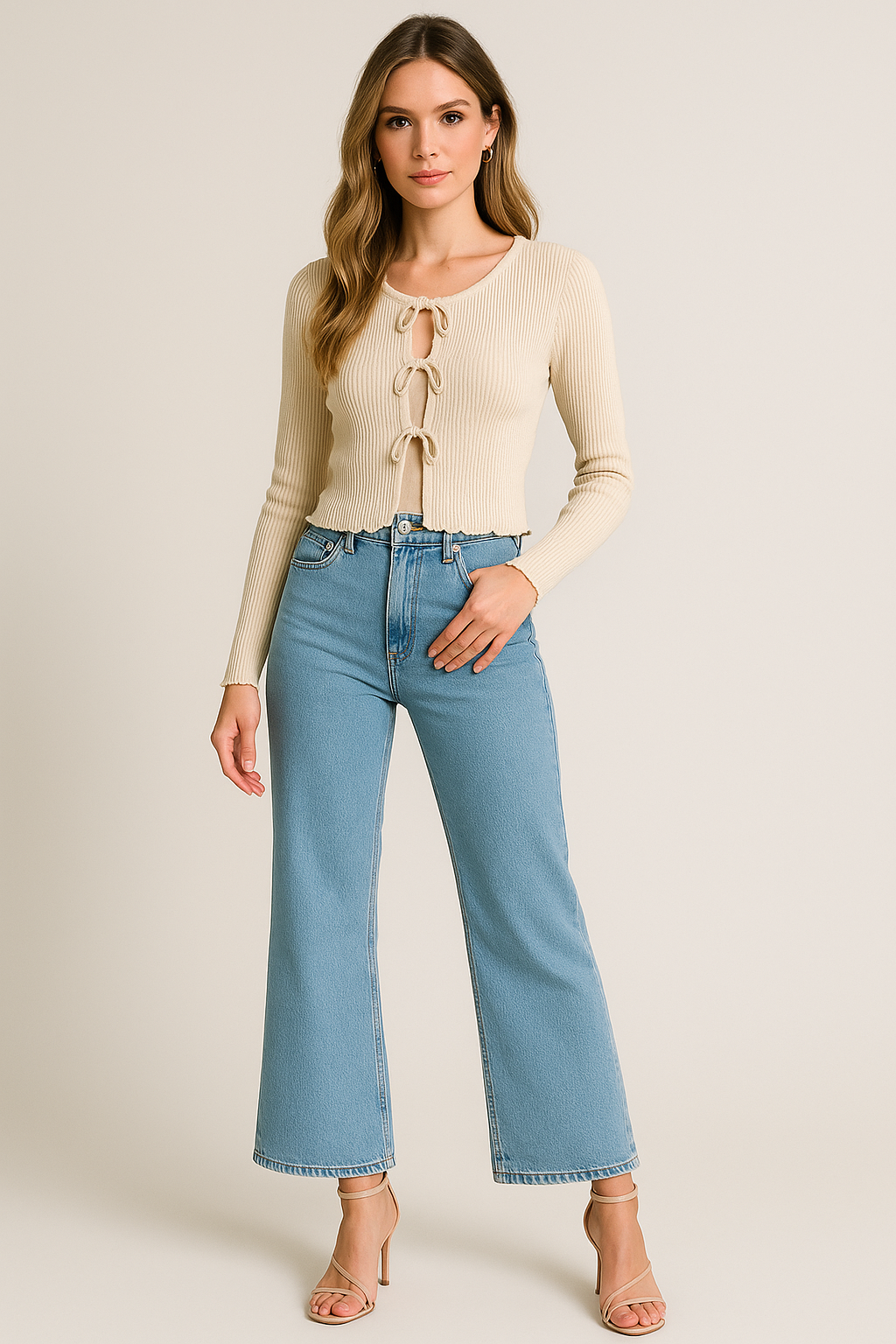 Blusas Para Mujer Tejido Diseño De Listones Al Frente O53202 Crema