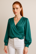 Blusas Para Mujer Satinada Con Escote Cruzado N53122 Verde