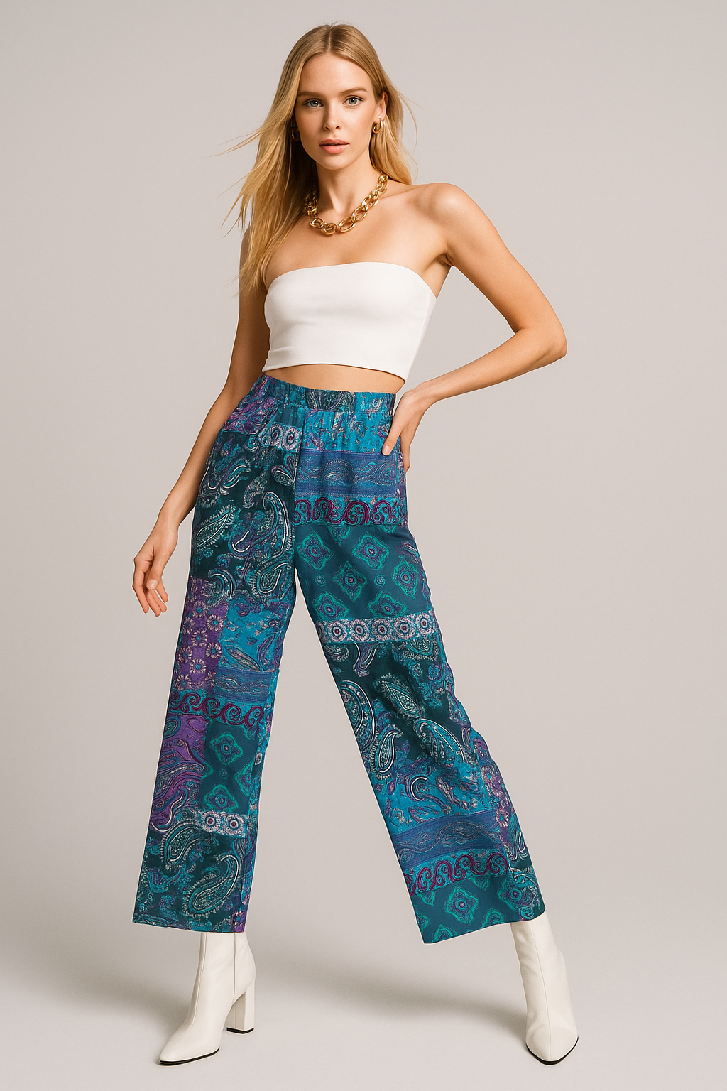 Pantalones Para Mujer Amplio Estampado Paisley W53102 Azul