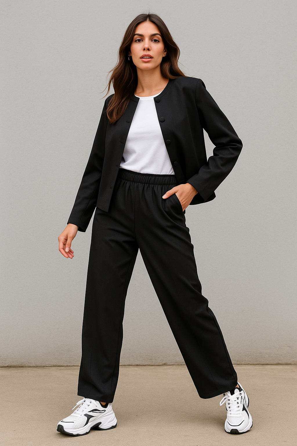 Pantalones Para Mujer Amplio Con Pespunte y Abertura W53114 Negro