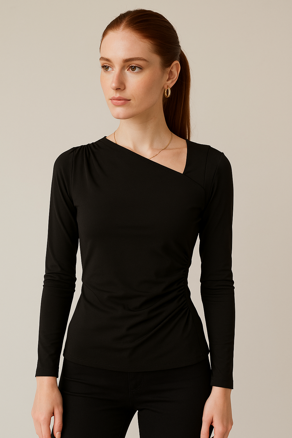 Blusas Para Mujer Cuello Asimétrico Fruncido Lateral N53130 Negro