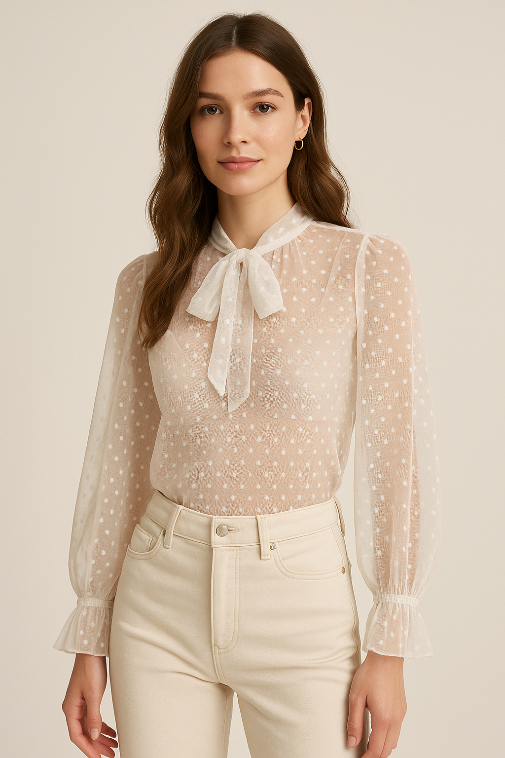 Blusas Para Mujer Mesh Dots Con Lazo N53125 Hueso