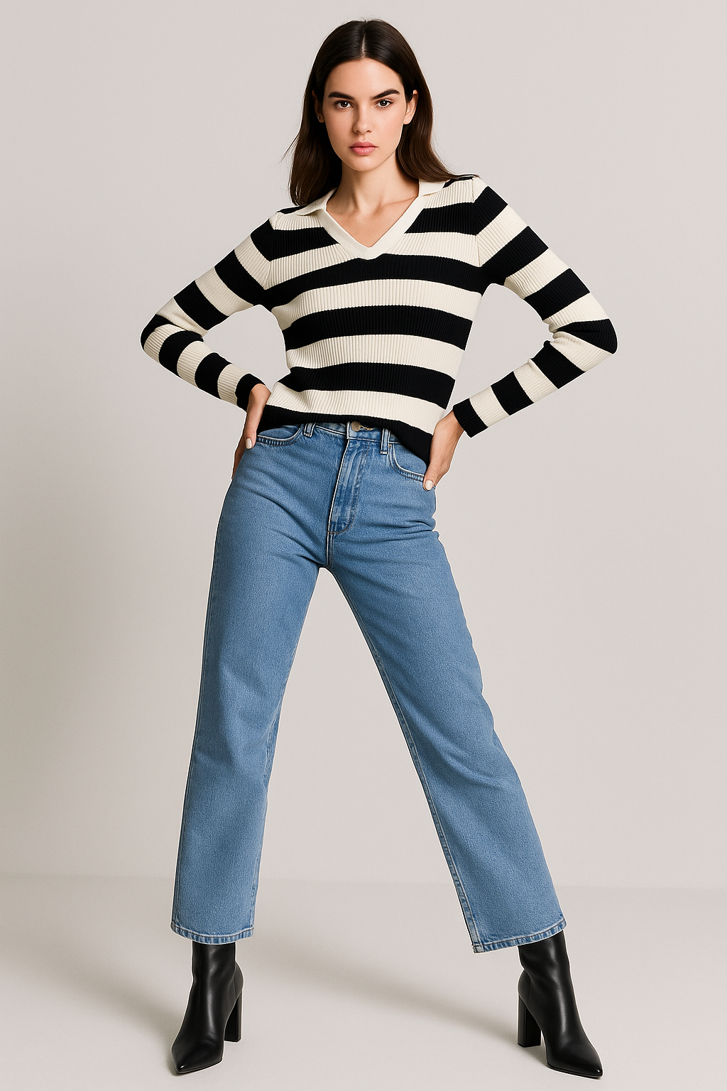 Suéteres Para Mujer Cuello V Tipo Polo De Rayas O53206 Unico