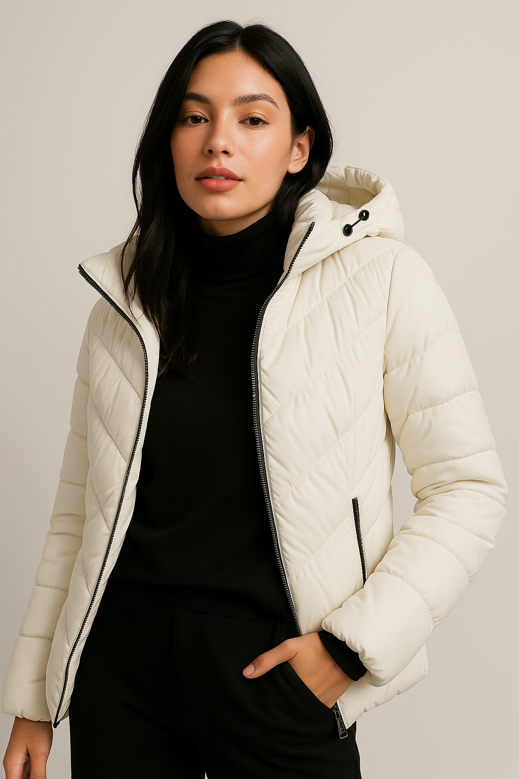 Chamarras Para Mujer Tipo Puffer Con Capucha y Bolsillos Q43204 Blanco