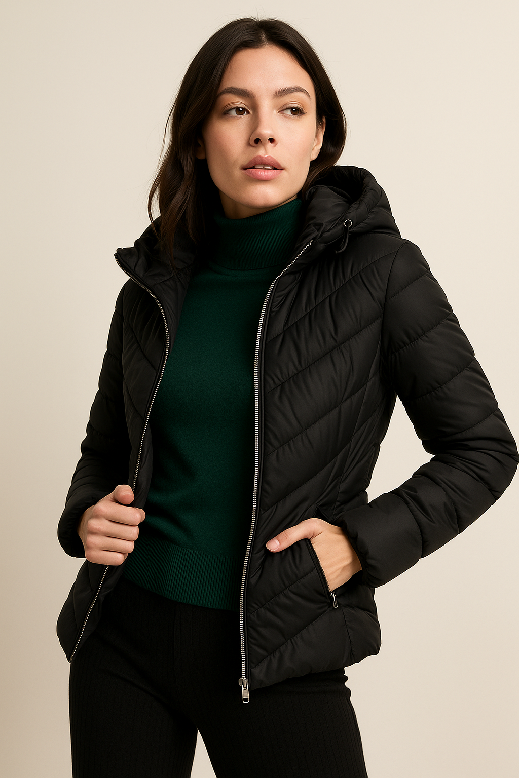 Chamarras Para Mujer Tipo Puffer Con Capucha y Bolsillos Q43204 Negro