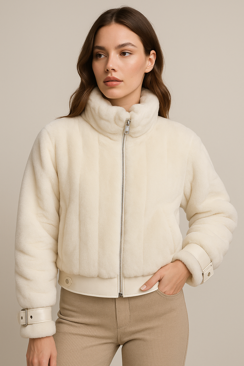 Chamarras Para Mujer Tipo Peluche Puños Ajustables Q43206 Crema