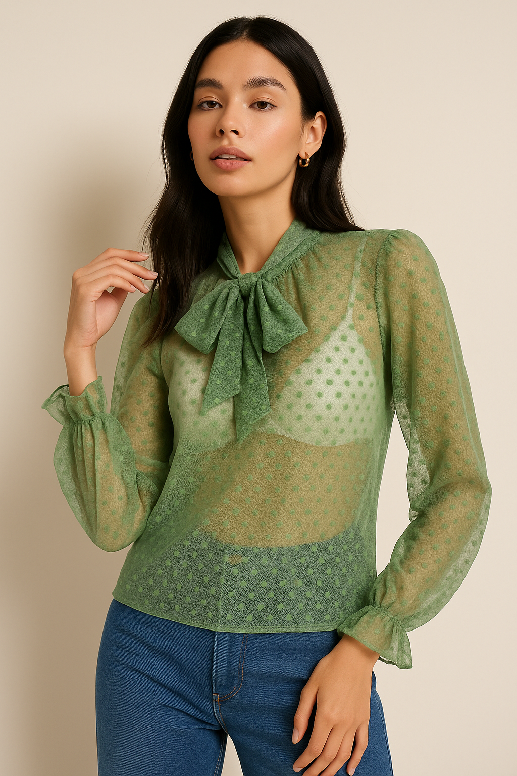 Blusas Para Mujer Mesh Dots Con Lazo N53125 Sage