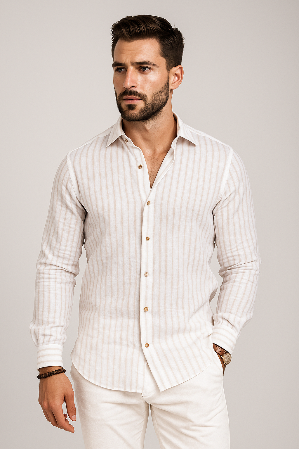 Camisas Para Hombre Tipo Lino Rayas B51323 Blanco