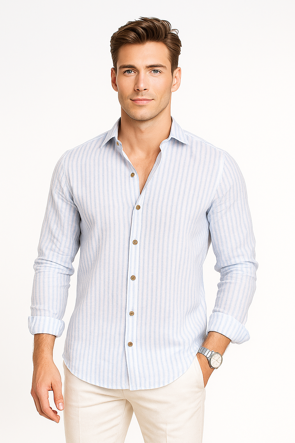 Camisas Para Hombre Tipo Lino Rayas B51323 Cielo