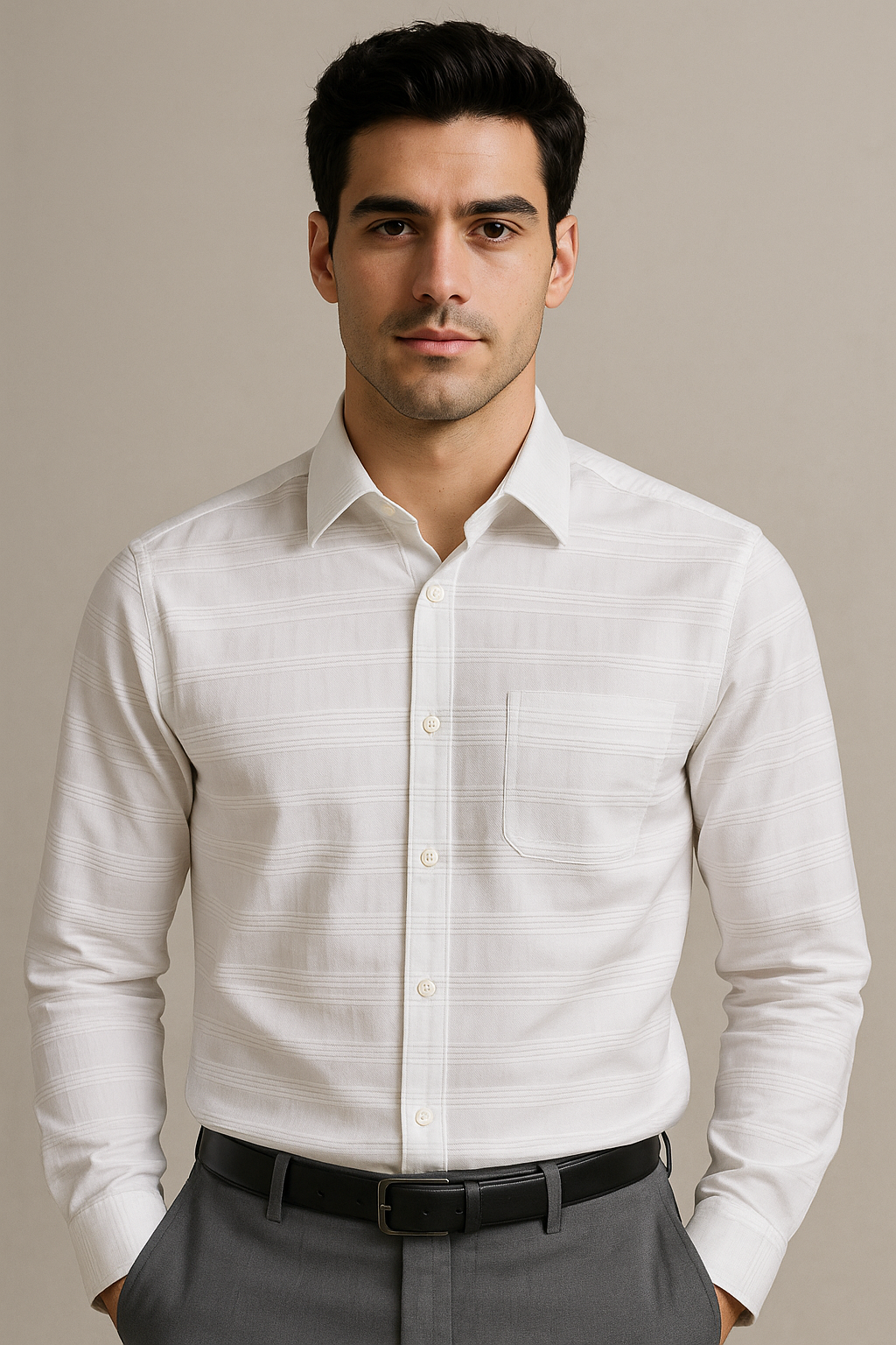 Camisas Para Hombre Satinada De Rayas B55302 Blanco