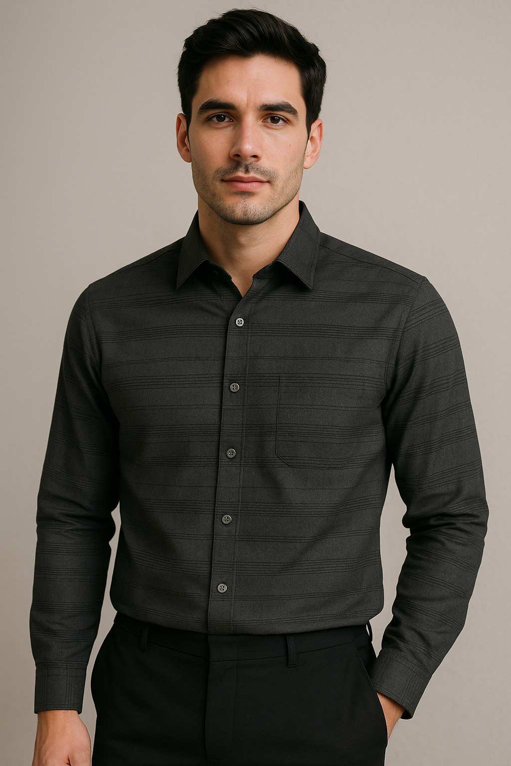 Camisas Para Hombre Satinada De Rayas B55302 Negro