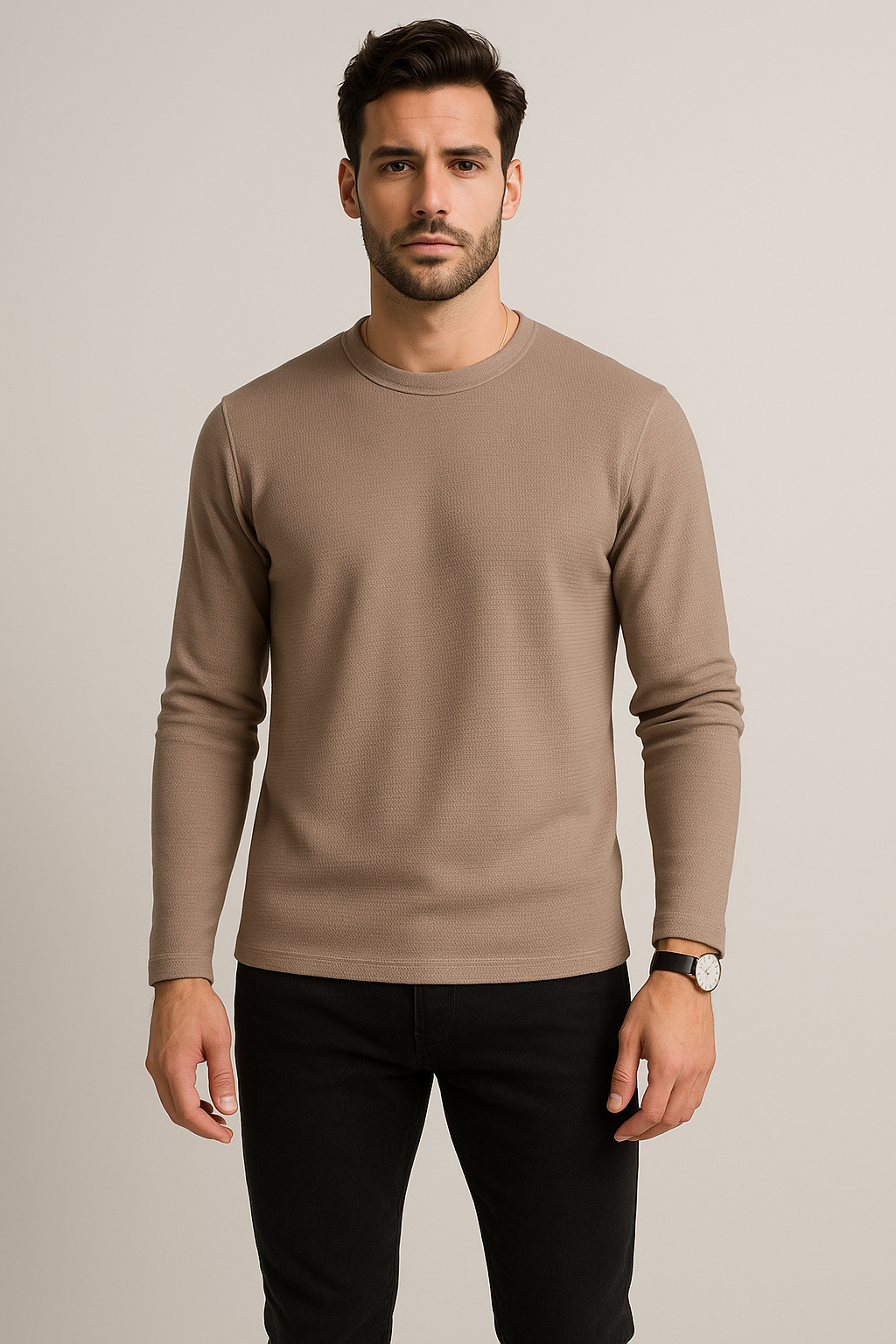 Playeras Para Hombre Manga Larga Textura A55311 Kaki