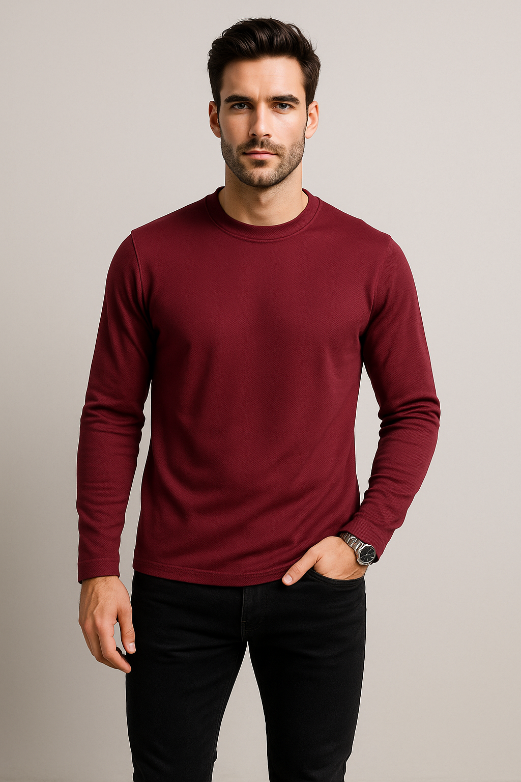 Playeras Para Hombre Manga Larga Textura A55311 Vino