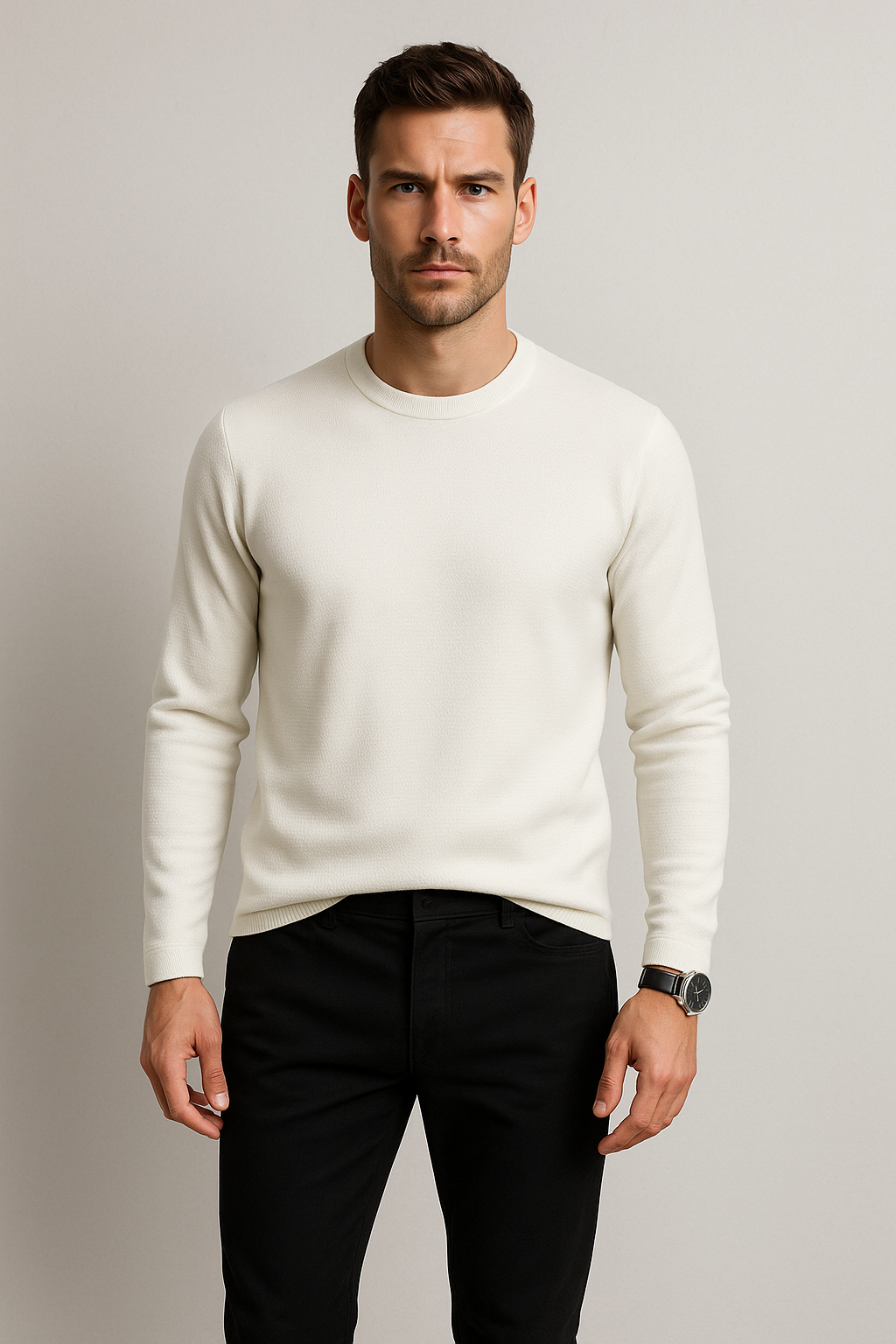 Playeras Para Hombre Manga Larga De Punto A55317 Hueso