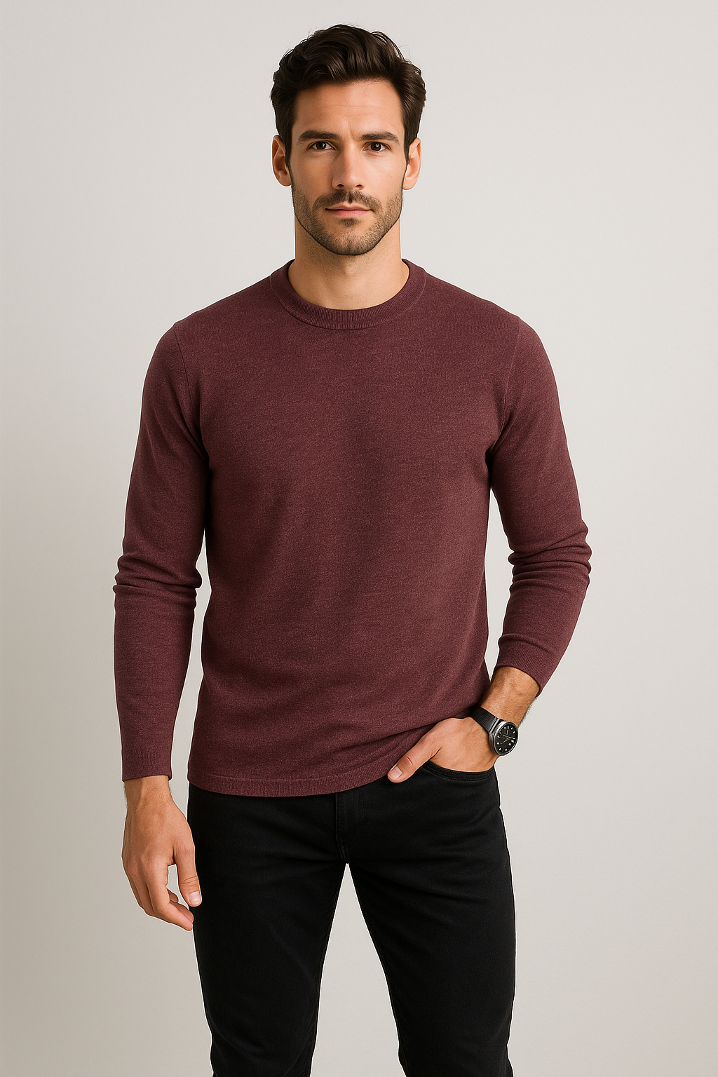 Playeras Para Hombre Manga Larga De Punto A55317 Vino