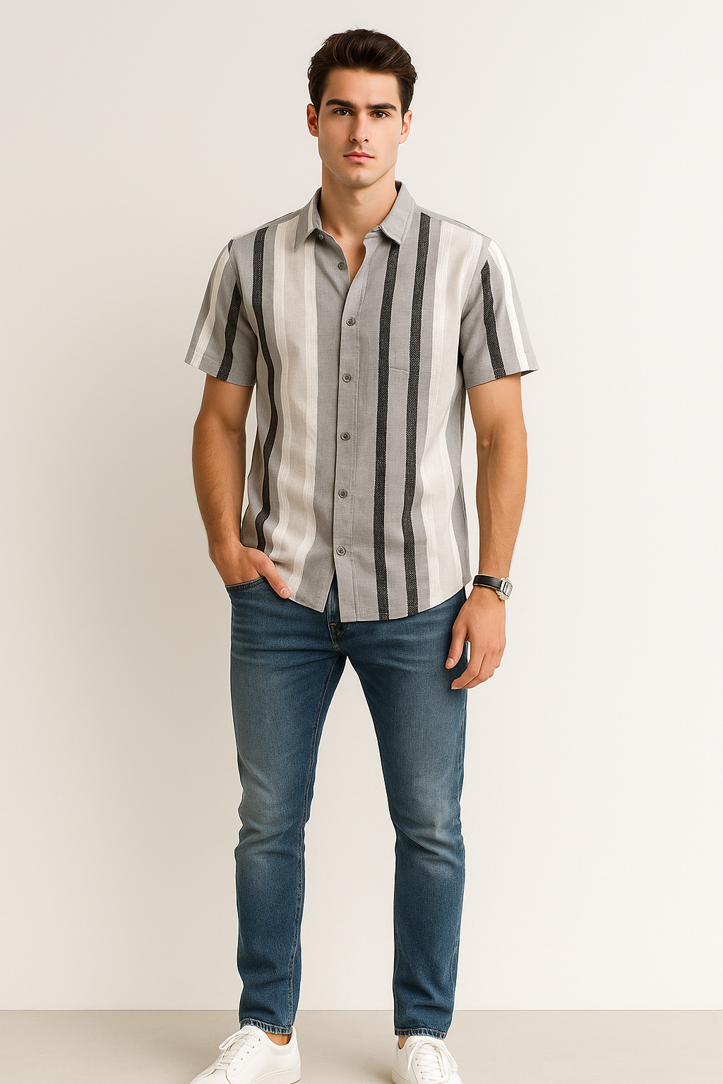 Camisas Para Hombre Manga Corta Chenille B55358 Crema