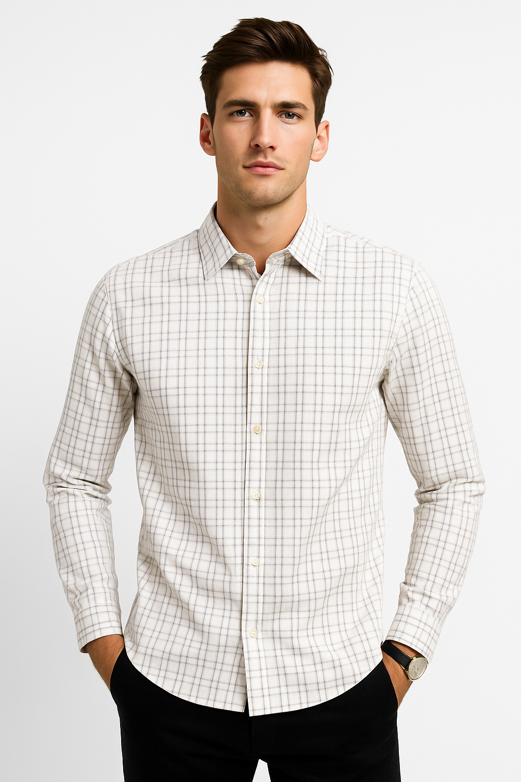 Camisas Para Hombre Manga Larga Cuadros B55303 Beige