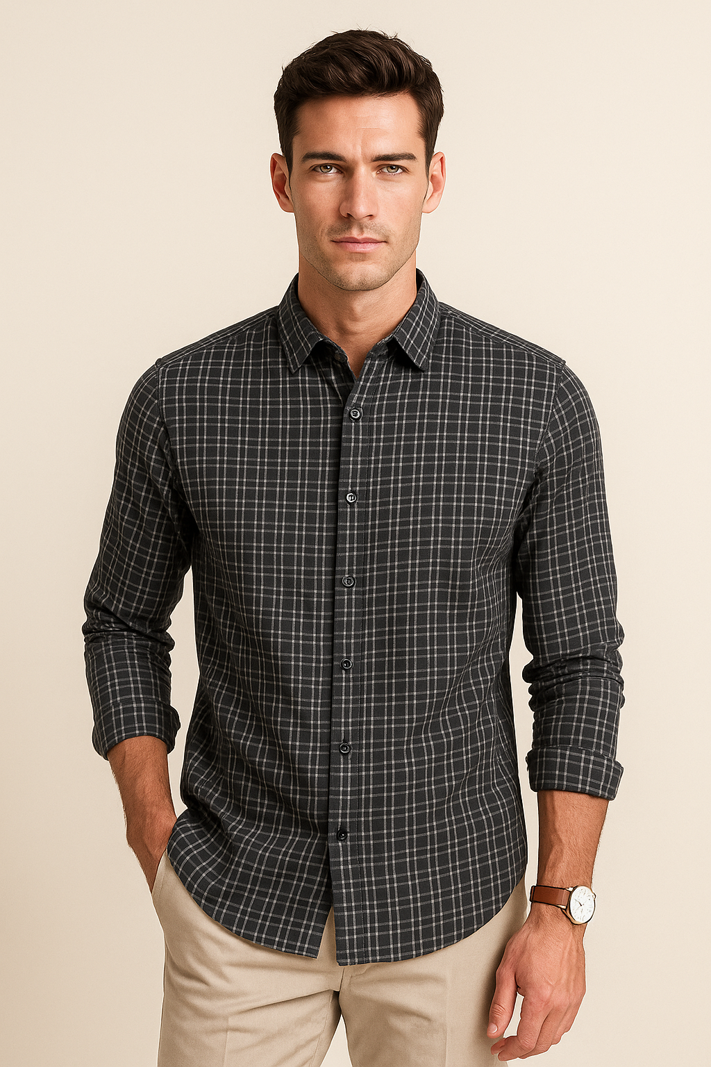 Camisas Para Hombre Manga Larga Cuadros B55303 Negro