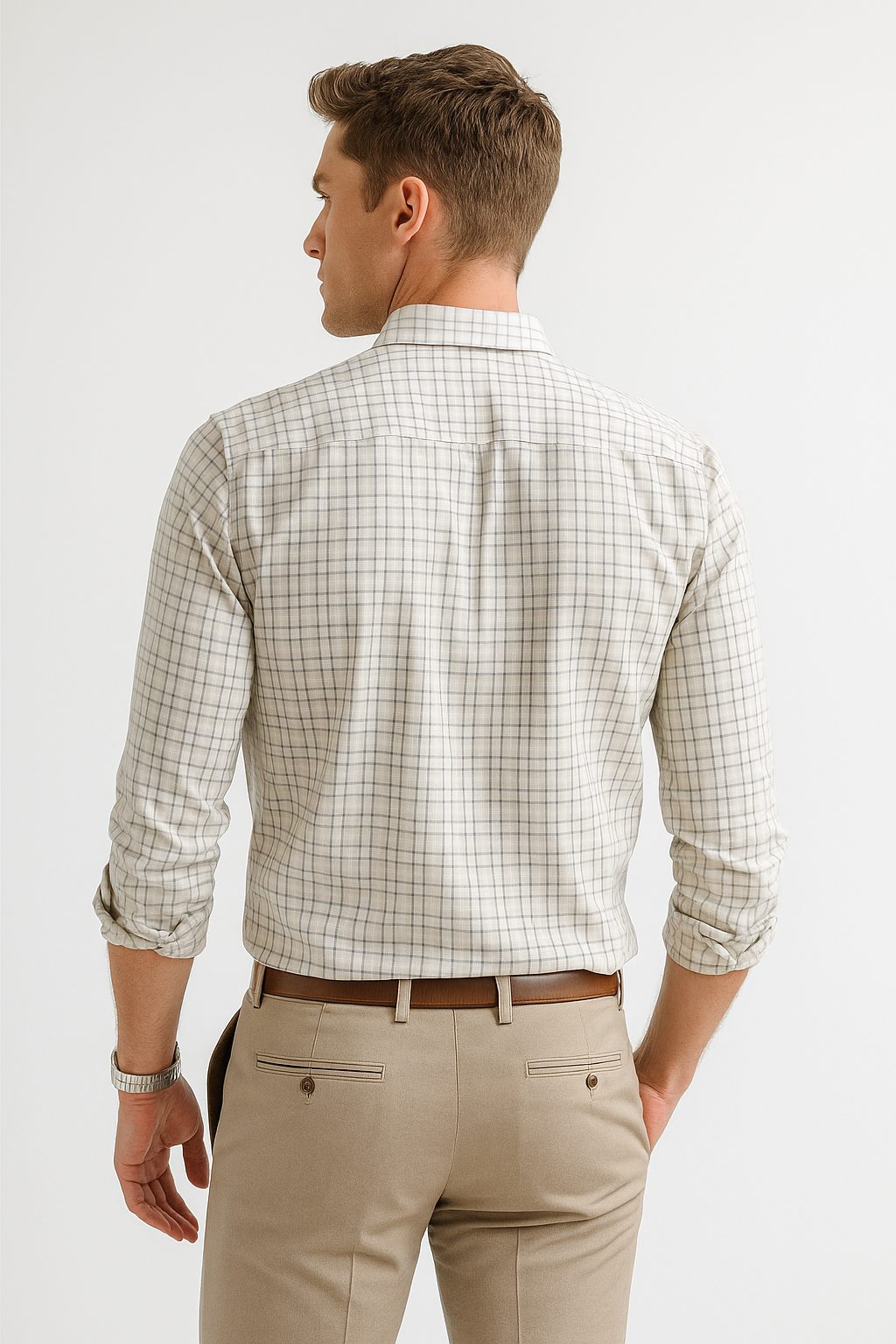 Camisas Para Hombre Manga Larga Cuadros B55303 Beige