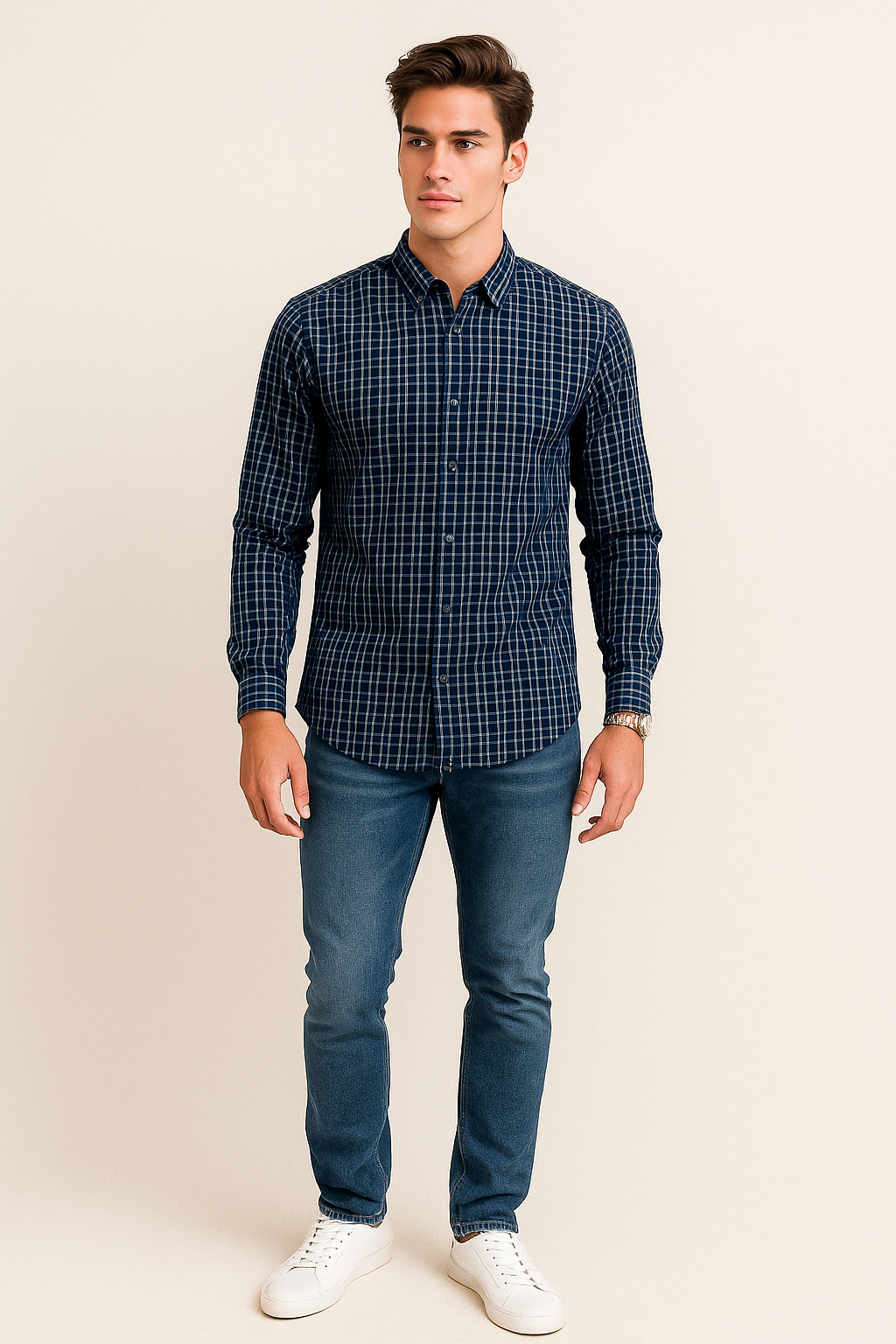 Camisas Para Hombre Manga Larga Cuadros B55303 Marino