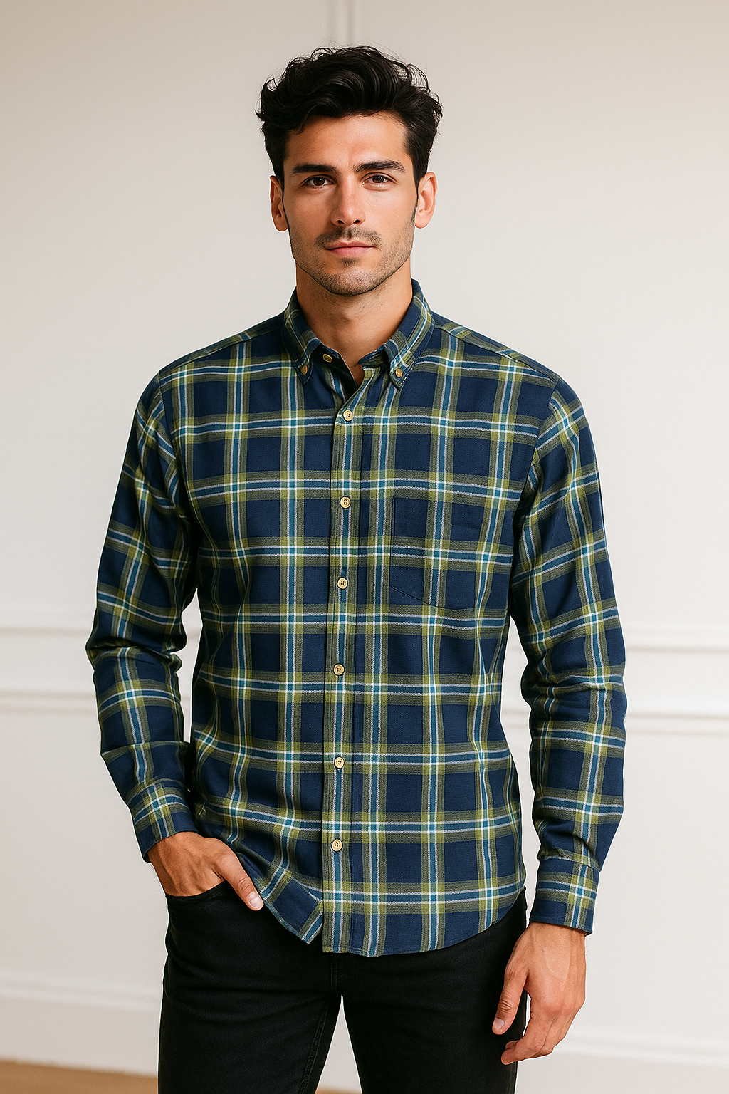 Camisas Para Hombre Manga Larga Cuadros B45123 Marino