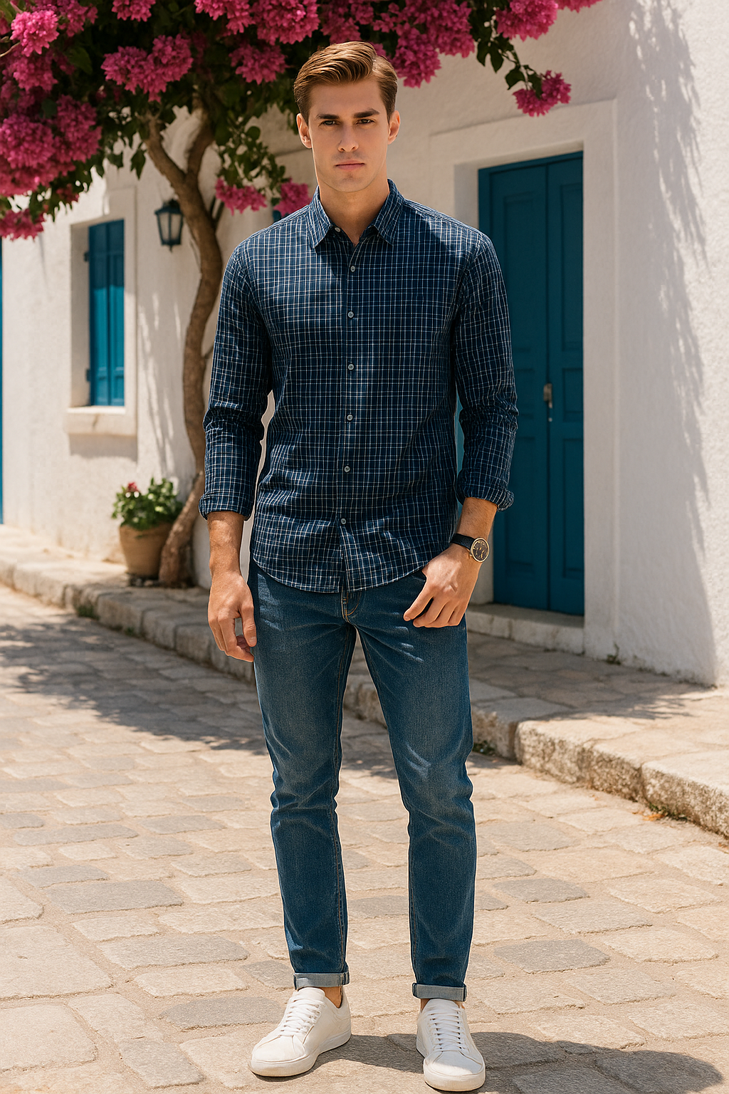 Camisas Para Hombre Manga Larga Cuadros B55303 Marino