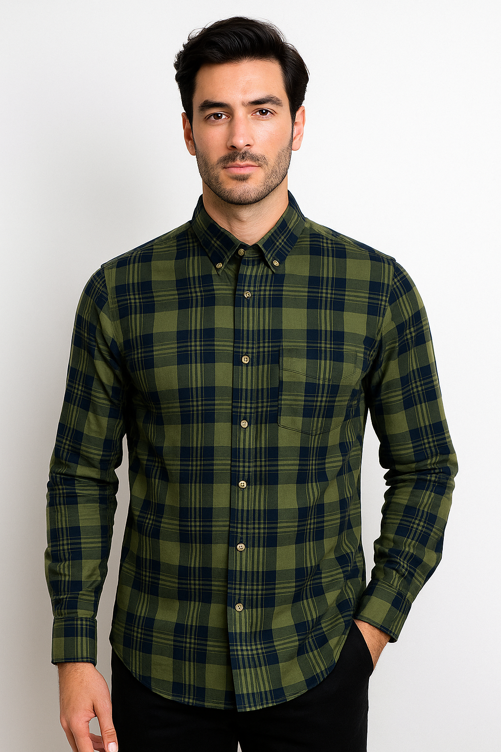 Camisas Para Hombre Manga Larga Cuadros B45122 Olivo