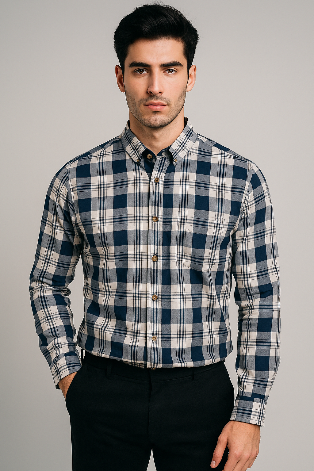 Camisas Para Hombre Manga Larga Cuadros B45122 Beige