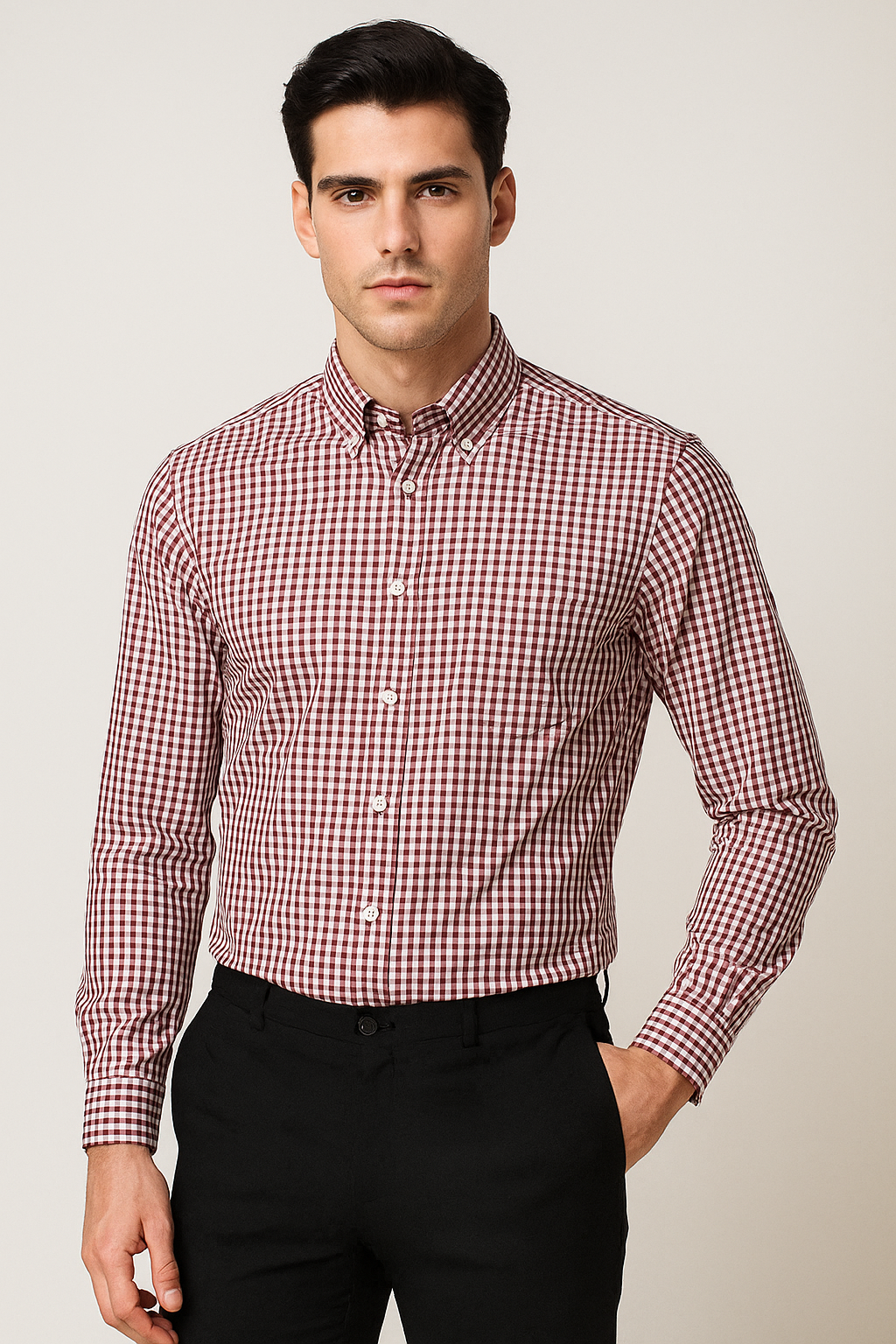 Camisas Para Hombre Manga Larga Cuadros B45213 Vino