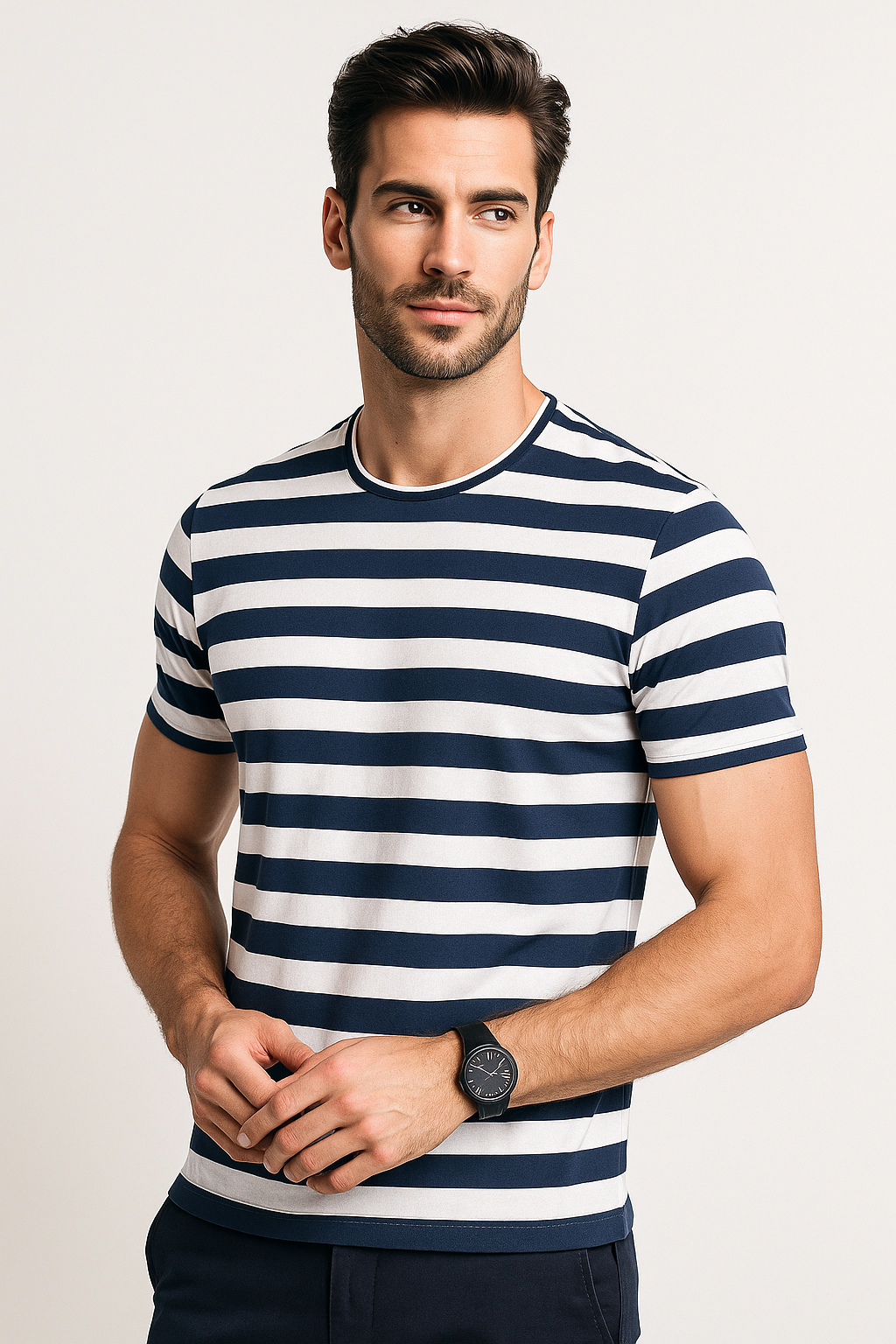 Playeras Para Hombre De Manga Corta Con Estampado De Rayas A41112 Marino