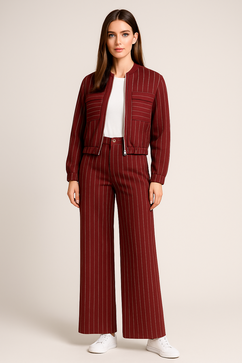 Pantalones Para Mujer De Rayas Estilo Sastrero Con Pinzas W53109 Vino
