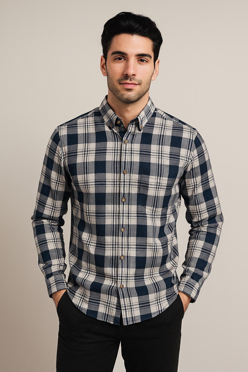 Camisas Para Hombre Manga Larga Cuadros B45122 Beige