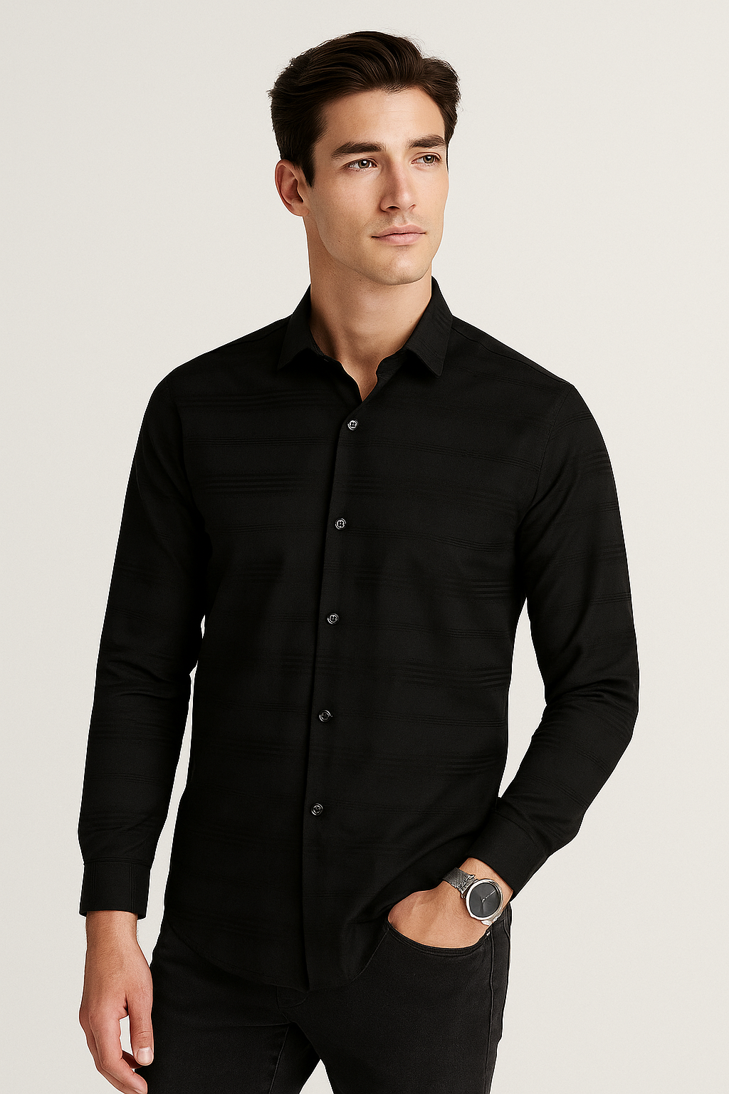 Camisas Para Hombre Satinada De Rayas B55302 Negro