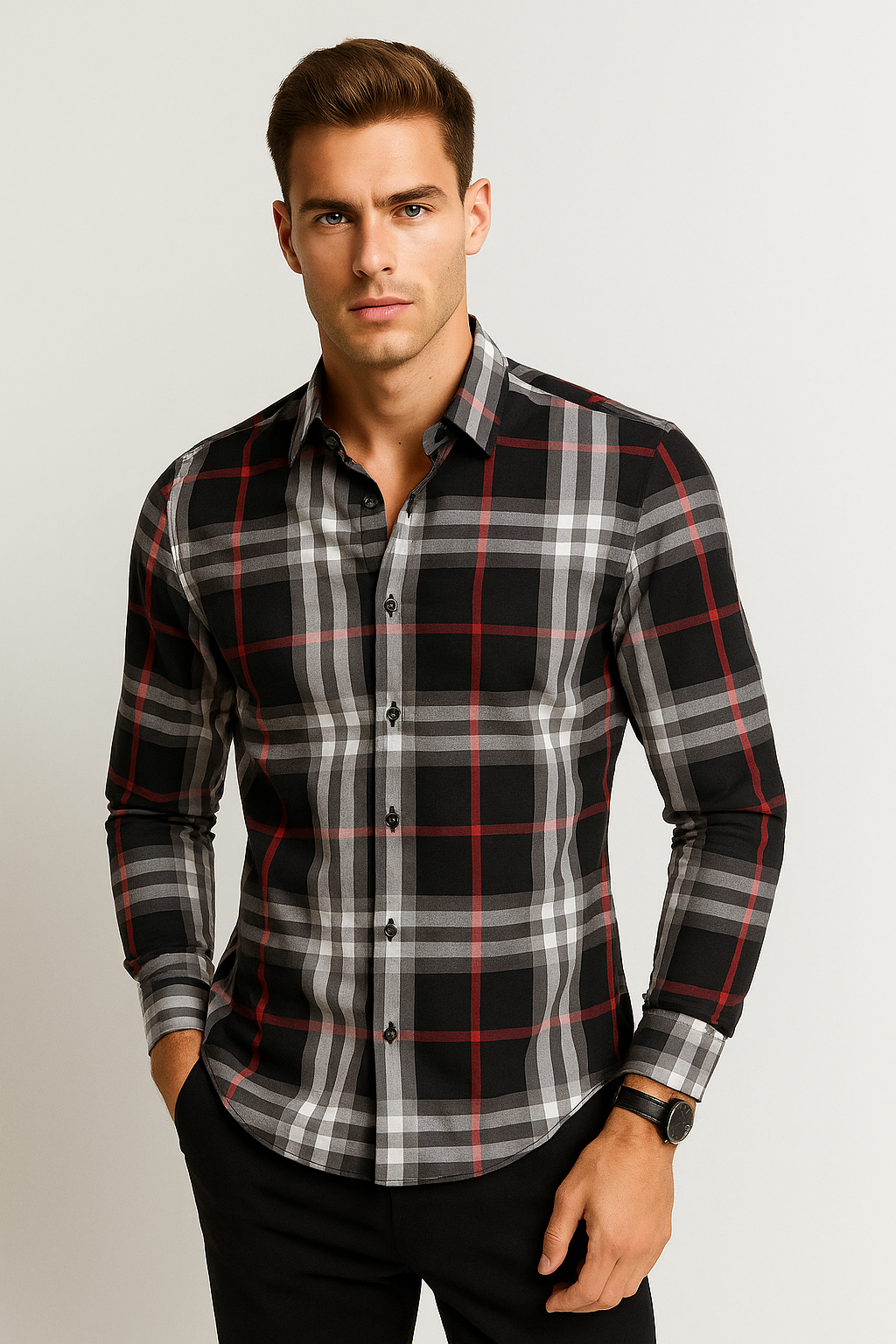 Camisas Para Hombre Manga Larga Cuadros B55308 Negro