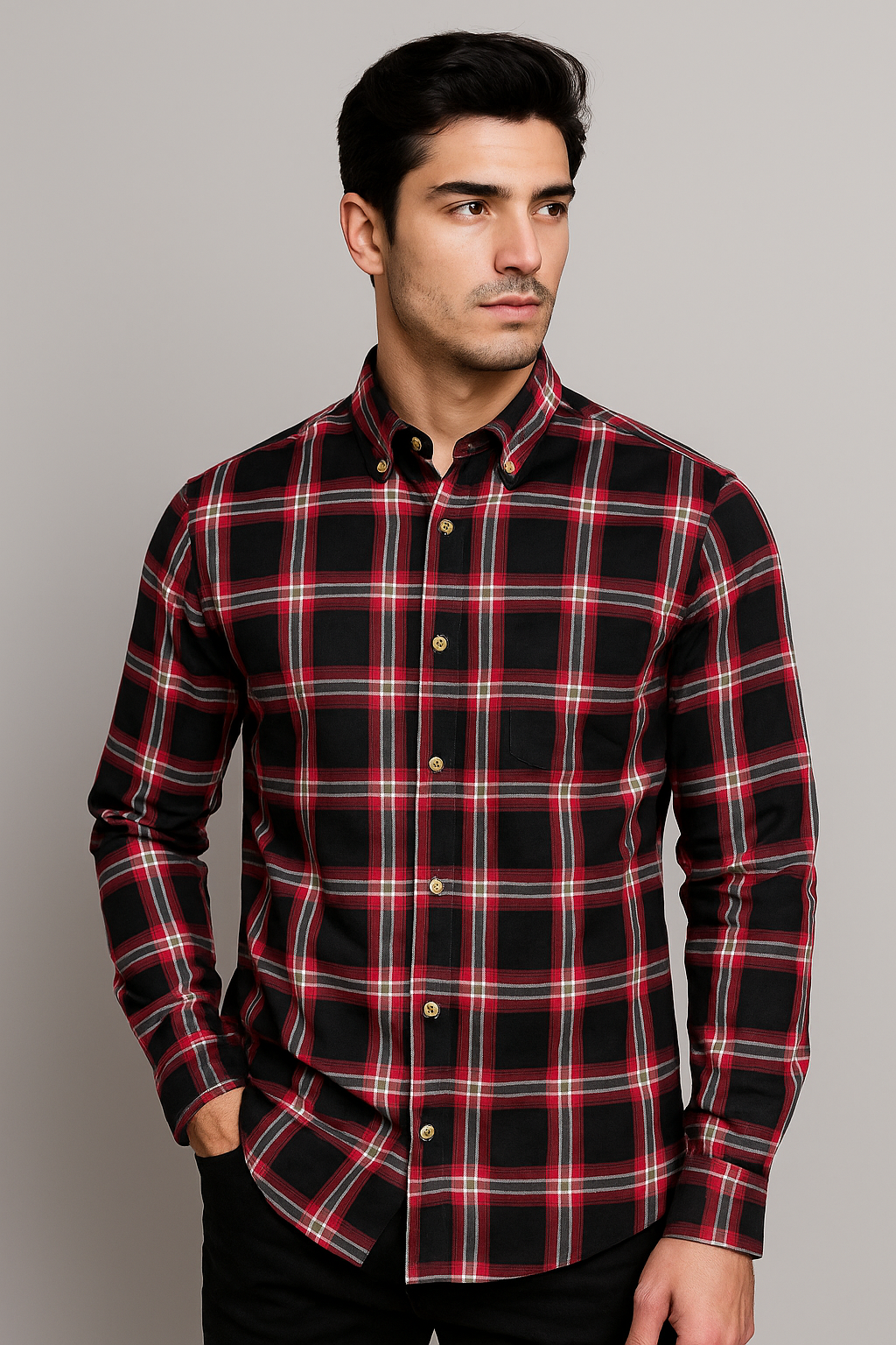 Camisas Para Hombre Manga Larga Cuadros B45123 Negro