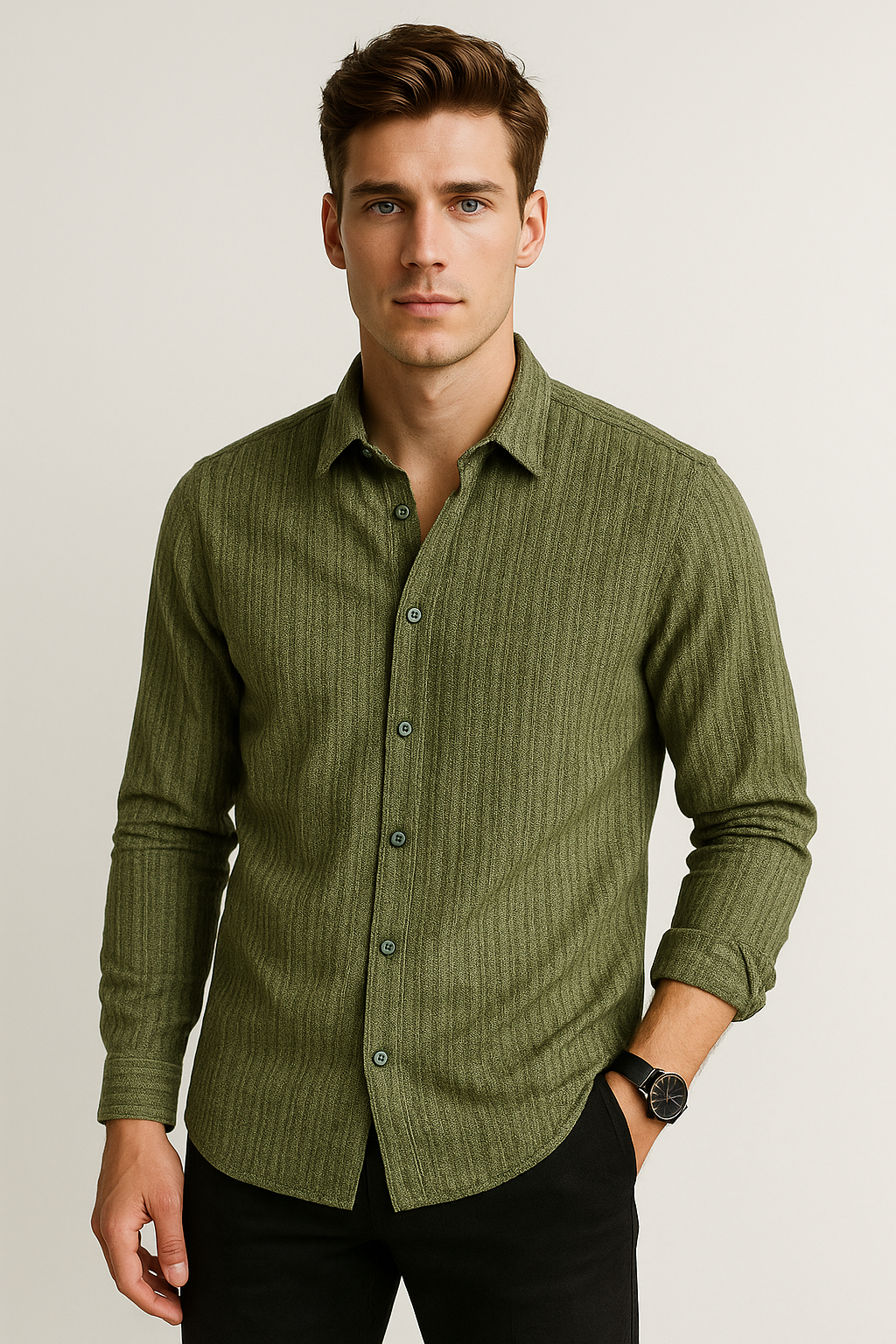 Camisas Para Hombre Manga Larga Chenille B55320 Olivo