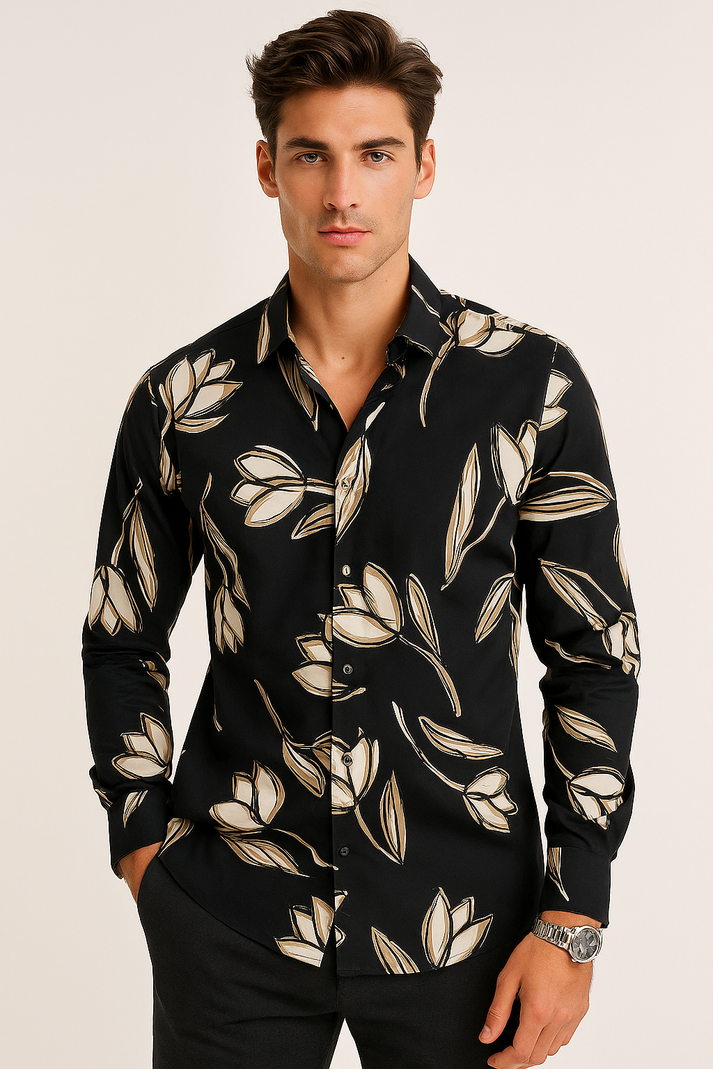 Camisas Para Hombre Estampado De Arte B55504 Negro