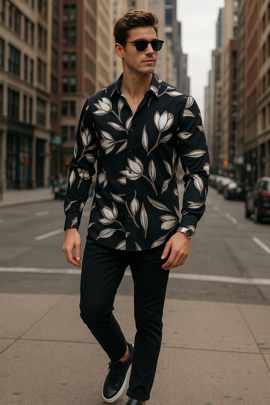 Camisas Para Hombre Estampado De Arte B55504 Negro