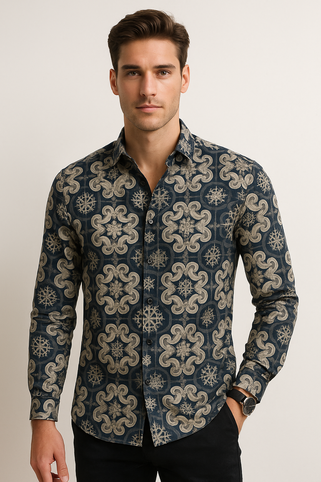 Camisas Para Hombre Estampado Artística B55507 Gris