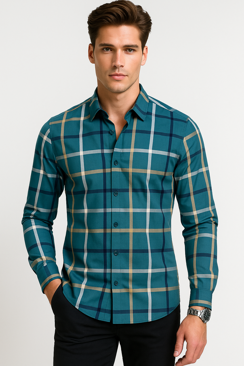 Camisas Para Hombre Satinada De Cuadros B55312 Verde