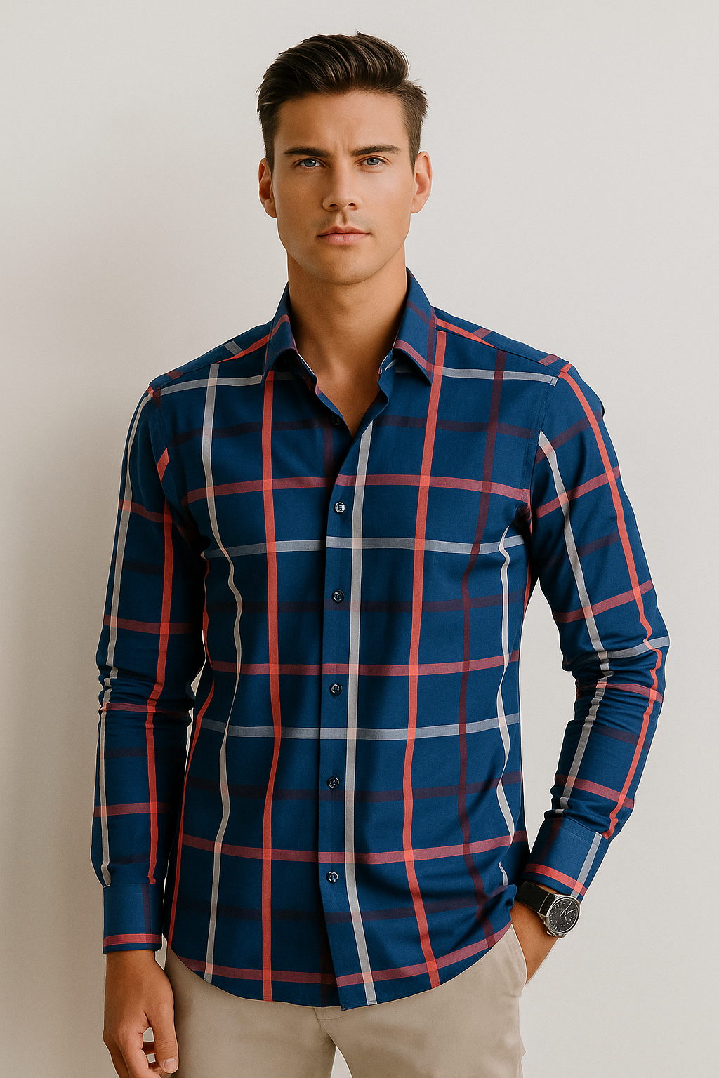 Camisas Para Hombre Satinada De Cuadros B55312 Azul